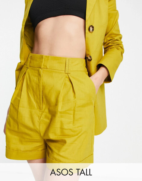 ASOS DESIGN Tall linen boxy suit shorts in golden palm