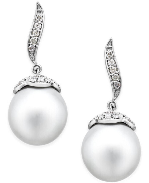 Cultured South Sea Pearl (11mm) and Diamond (3/8 ct. t.w.) Swirl Drop Earrings in 14k White Gold