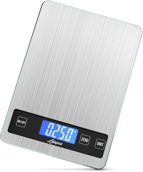 Liebfeld - Digital kitchen scales up to 15 kg made of stainless steel with large weighing surface + 2 batteries, digital household scales, food scales.