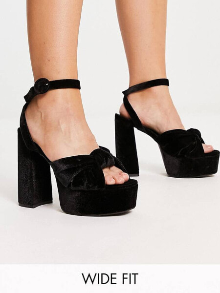 ASOS DESIGN Wide Fit Natia knotted platform heeled sandals in black