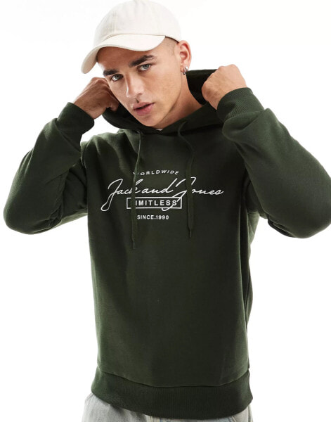 Jack & Jones – Kapuzenpullover in Khaki mit Logo-Schriftzug