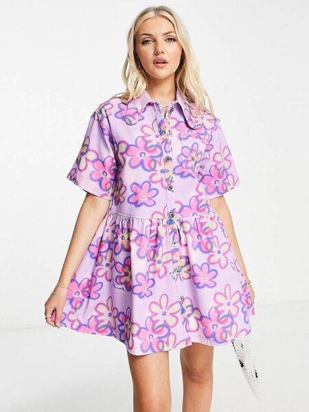 COLLUSION floral twill button down summer smock dress in purple