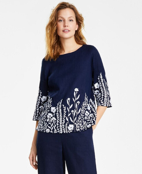 Women's 100% Linen Embroidered 3/4-Sleeve Top, Created for Macy's