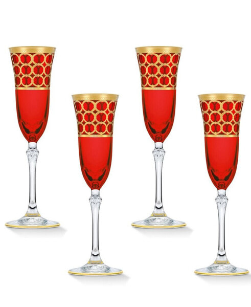 Deep Red Colored Champagne Flutes with Gold-Tone Rings, Set of 4