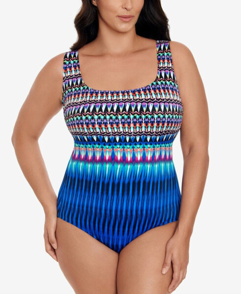 Swim Solutions Women's Printed One-Piece Swimsuit Sparkle Park Size 14