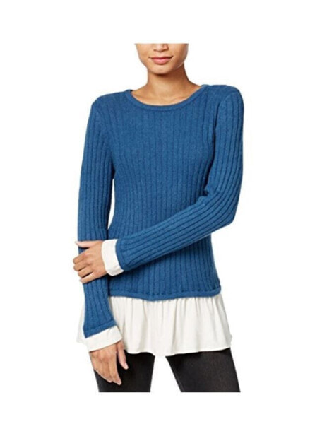 Kensie Women's Knit Contrast Trim Ribbed Long Sleeve Pullover Sweater Blue M