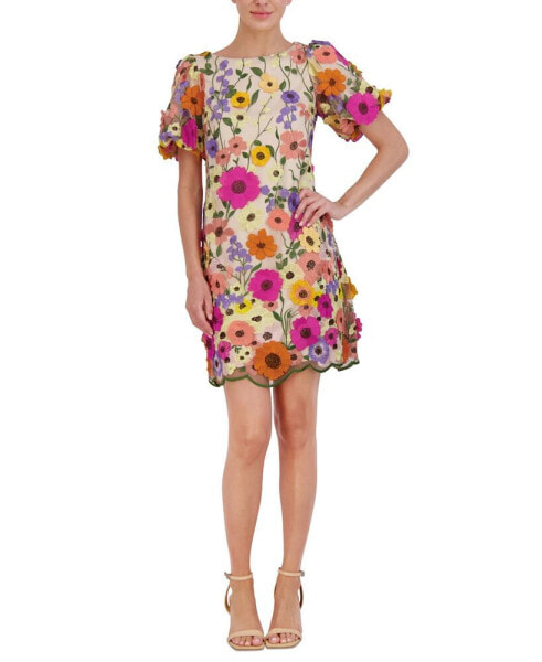 Petite 3D-Floral Puff-Sleeve Mini Dress