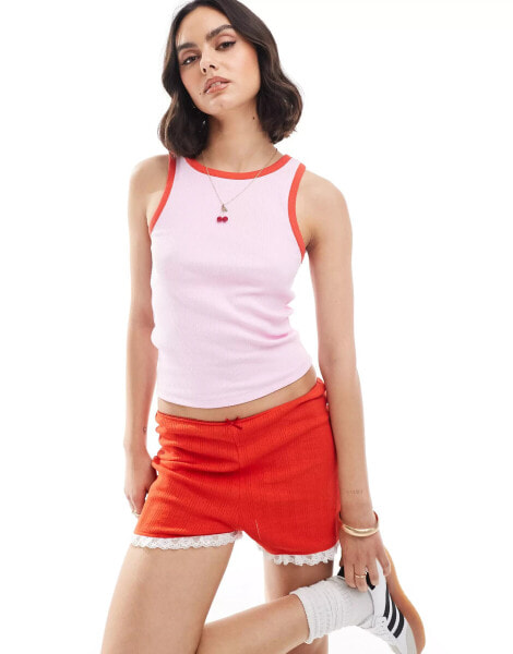 Pieces contrast trim tank vest top in pink and red