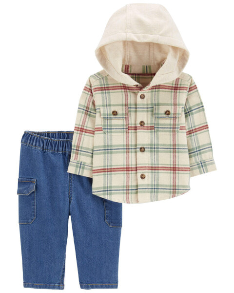 Baby 2-Piece Plaid Hooded Shirt & Pull-On Pant Set 9M