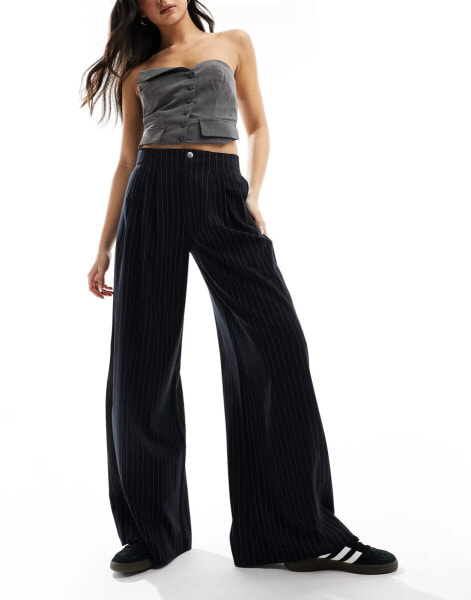 Stradivarius tailored pleated wide leg trouser in navy pinstripe