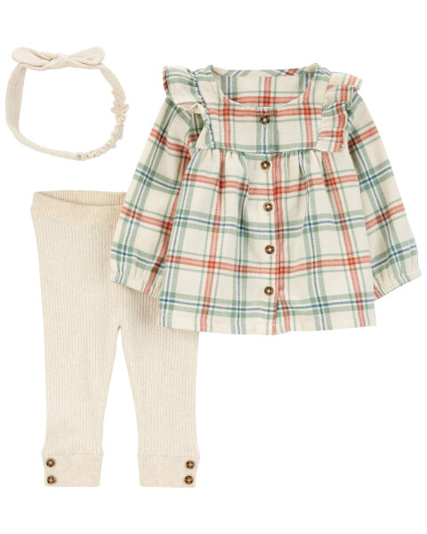 Baby 3-Piece Plaid Flannel Top & Ribbed Legging Set 6M