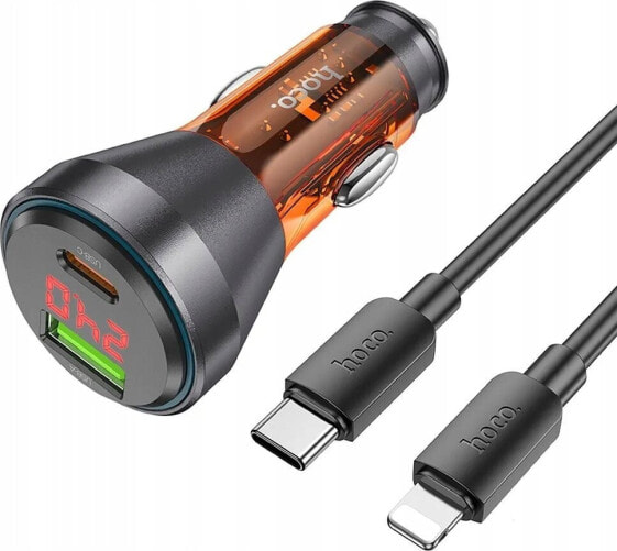 Ładowarka Hoco HOCO ładowarka samochodowa USB A + Typ C z wyświetlaczem + kabel Typ C do Lightning PD QC3.0 3A 48W NZ12B transparentna pomarańczowa