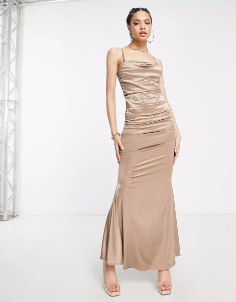 Femme Luxe draped corset maxi dress in taupe