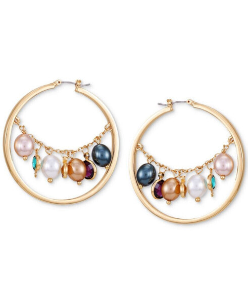 Gold-Tone Mixed Imitation Pearl Hoop Earrings, 2"