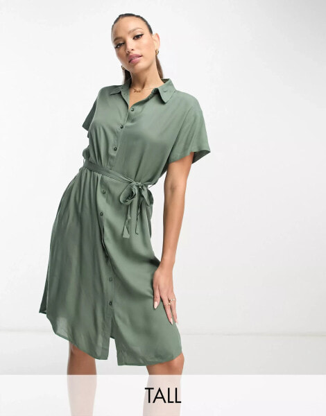 Vero Moda Tall shirt midi dress with tie belt in green