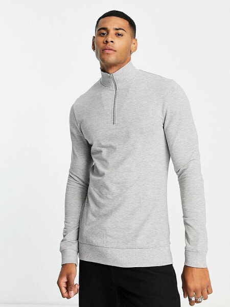 ASOS DESIGN muscle half zip sweatshirt in grey marl