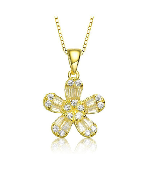 Sterling Silver with Gold Plated Clear Baguette Cubic Zirconia Flower Style Pendant Necklace