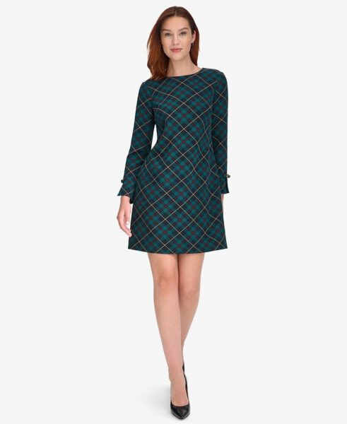 Petite Plaid Long-Sleeve Bow-Cuff Dress