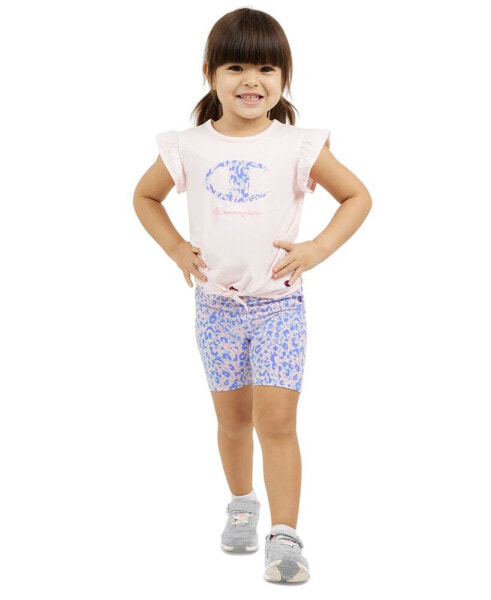 Little Girls Logo-Graphic Flutter-Sleeve T-Shirt & Bike Shorts, 2 Piece Set