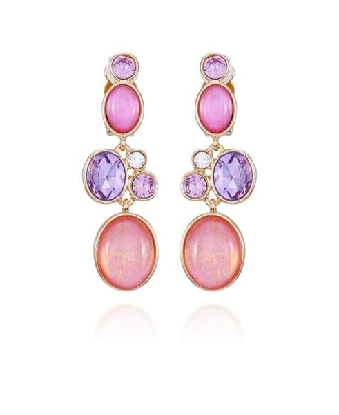 Gold-Tone Lilac Violet Glass Stone Dangle Drop Clip-on Earrings