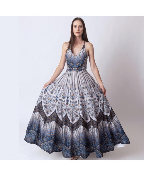 Women's Blue Printed Long Dress