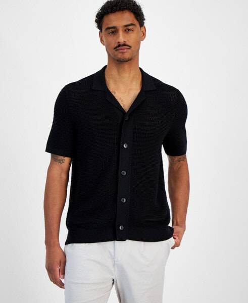 Men's Short Sleeve Button-Front Open Stitch Shirt