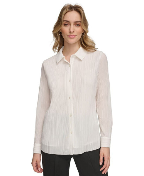 Women's Plisse Long-Sleeve Button Down Shirt