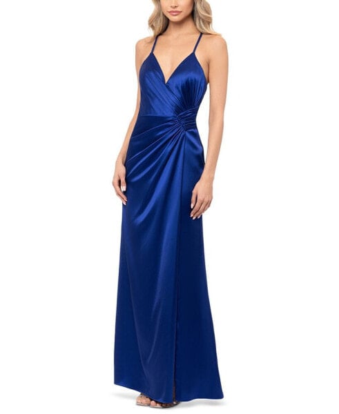 Juniors' Pleated V-Neck Evening Gown