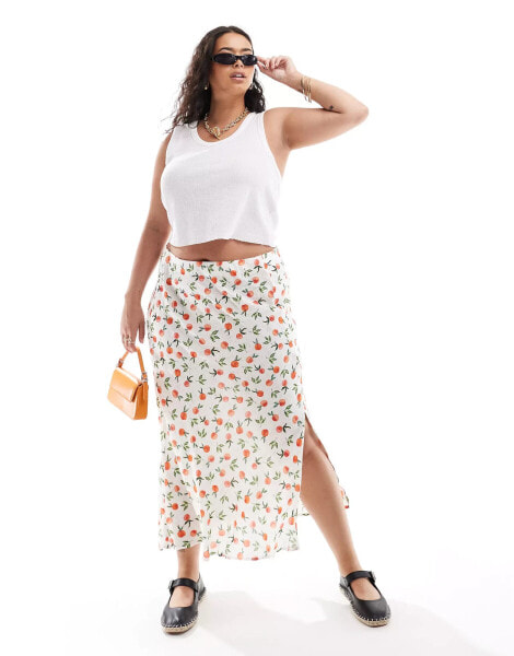 Pieces Curve side slit midi skirt in cream orange print