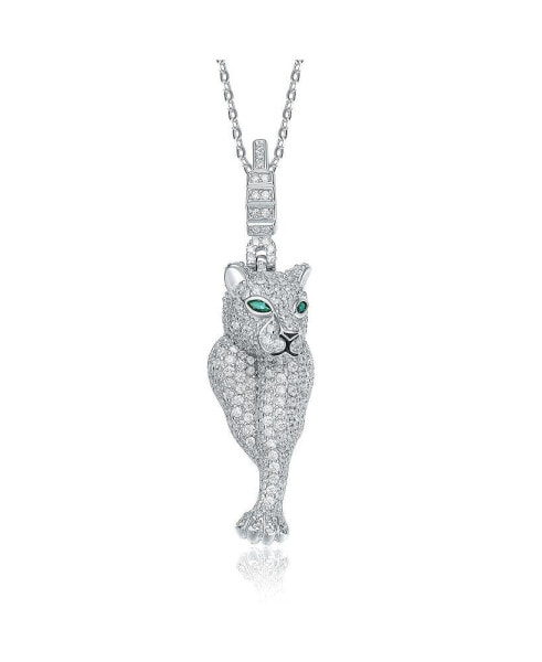 Sterling Silver Rhodium Plated Emerald Cubic Zirconia "Cheetah" Spring Ring Pendant