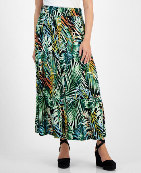 Petite Tiered Foliage-Print Button-Front Linen Skirt
