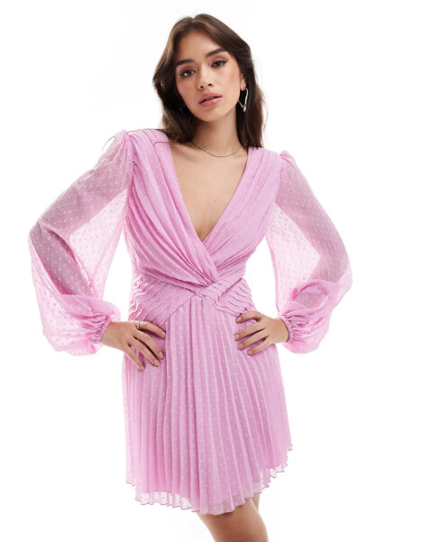 ASOS DESIGN dobby angel sleeve deep plunge wrap pleated mini dress in lilac