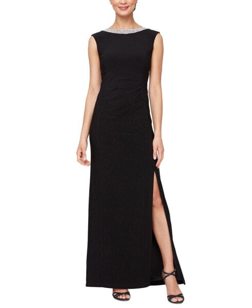 Women's Embellished-Neck Side-Slit Gown