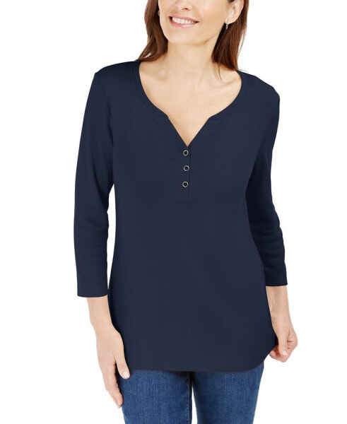 Petite 3/4-Sleeve Henley Shirt, Created for Macy's