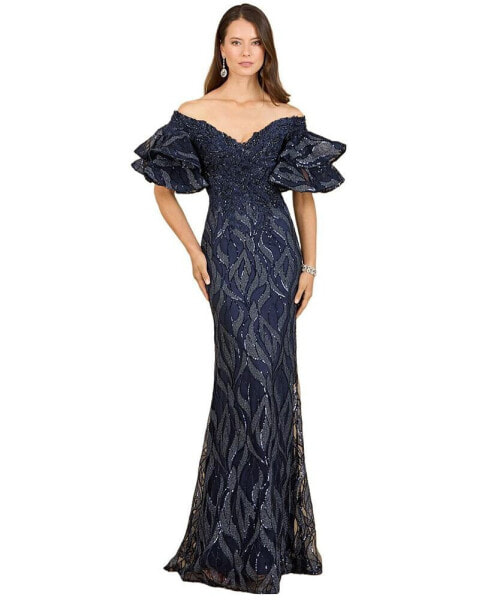 Women's Off Shoulder Mermaid Beaded Gown with Tiered Sleeves