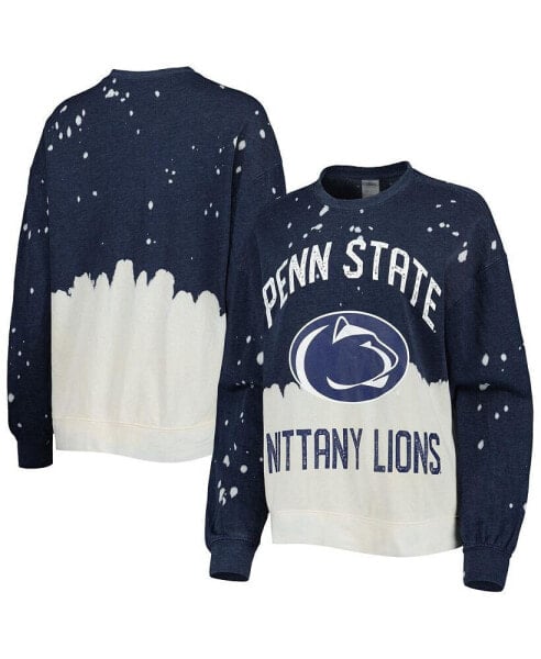 Women's Navy Distressed v Penn State Nittany Lions Twice As Nice Faded Dip-Dye Pullover Long Sleeve Top