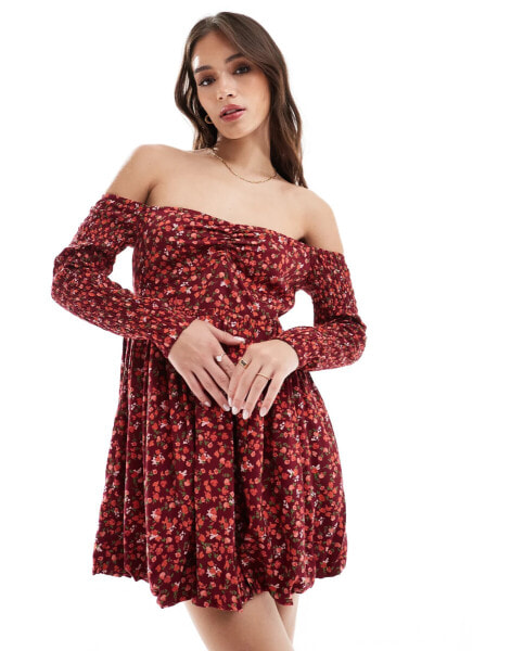 ASOS DESIGN bardot puffball mini dress in red ditsy print