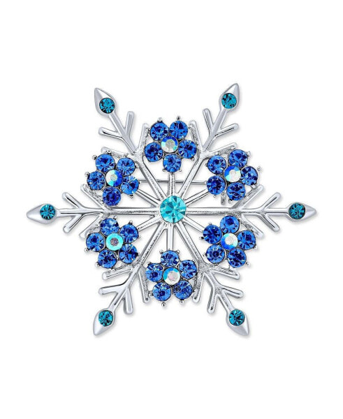 Large Multi Color Ice Blue Frozen Winter Flower Snowflake Brooch Pin For Women Crystal Holiday Party Frozen Winter Rhodium Plated Alloy