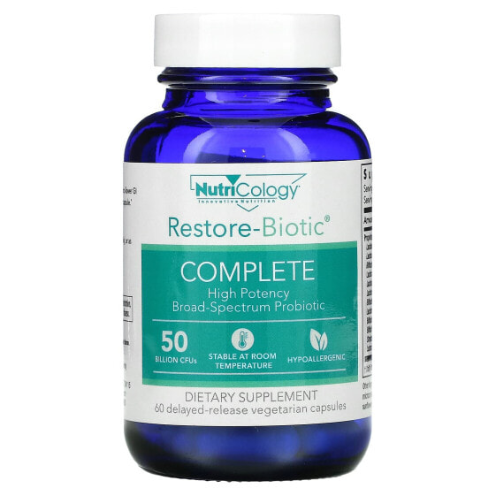 Пробиотики Restore-Biotic Complete от Nutricology, 50 миллиардов, 60 вегетарианских капсул с задержкой释放идля пищеварительной системы