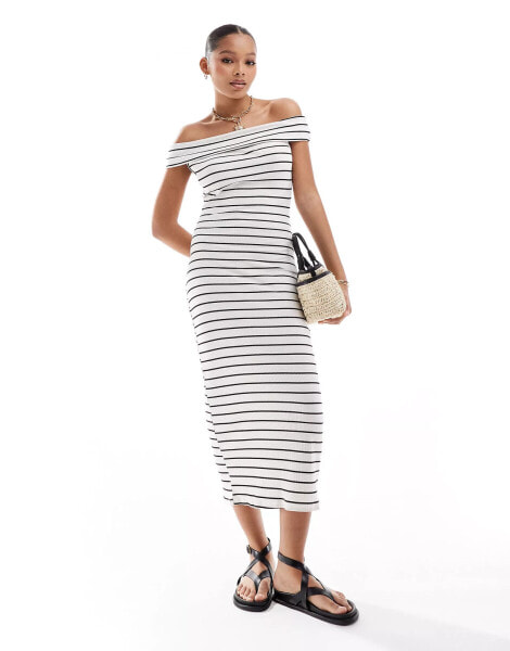 Pull&Bear bardot midaxi dress in white & black stripe