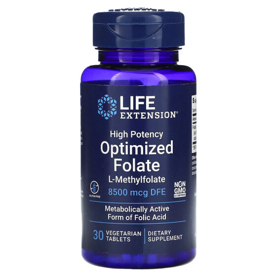 Витамины группы B от Life Extension High Potency Optimized Folate, 8,500 мкг DFE, 30 Вегетарианских Таблеток