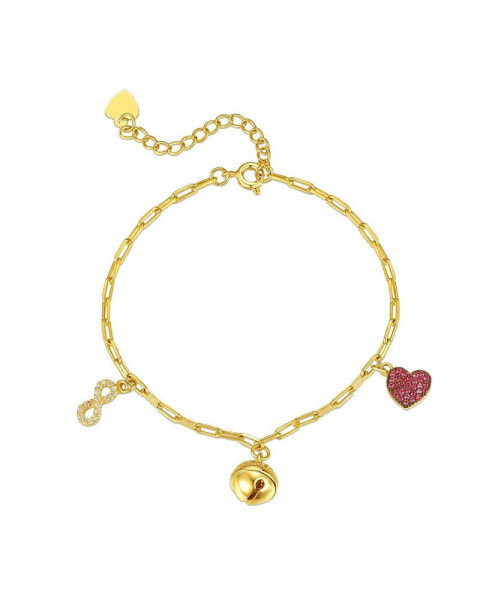 14k Yellow Gold Plated with Ruby & Cubic Zirconia Heart, Cowbell, and Infinity Dangle Charm Bracelet for Kids/Teens