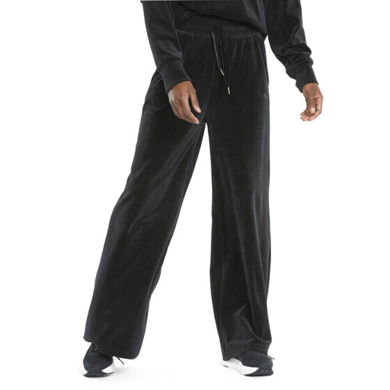 Puma Her Velour Wide Drawstring Pants Womens Black Casual Athletic Bottoms 84688