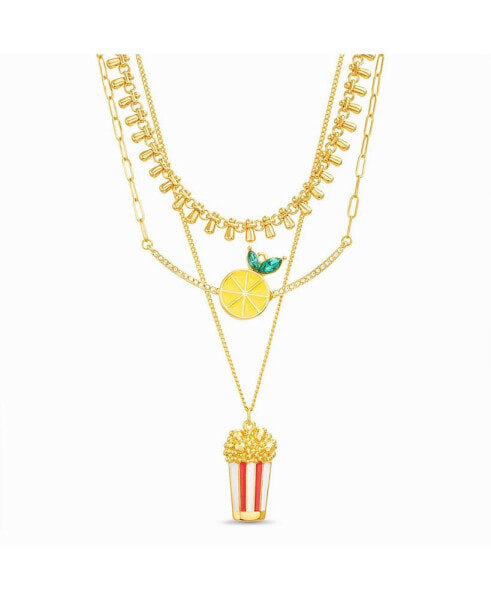 3-Pc Mixed Chain Necklace with Lemon and Popcorn Charms