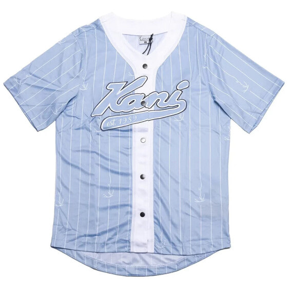 KARL KANI Varsity Logo Pinstripe Baseball short sleeve shirt