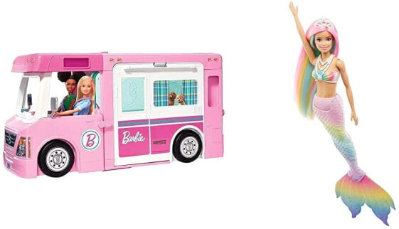 Barbie GHL93 – 3-in-1 Super Adventure Camper, Approx. 91 cm, Convertible Camper for Dolls with Pool, Pick-Up Truck, Boat and 50 Accessories, Great Toy Gift for Kids From 3 to 7 Years