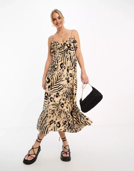 Miss Selfridge ruffle detail frill hem midi slip dress in animal print