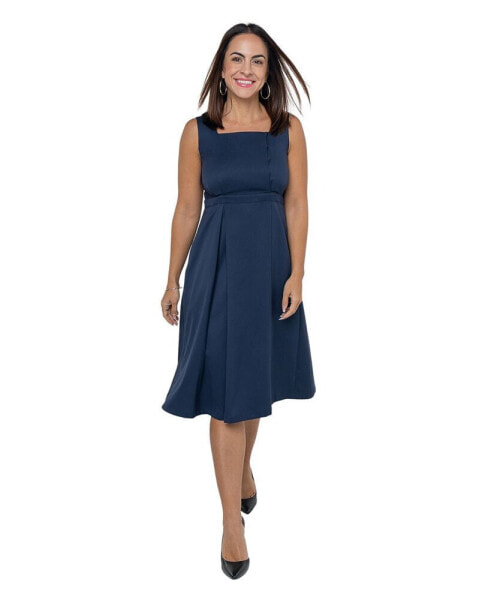 Maternity Sleeveless Empire Waist Nursing Knee Length Tea Dress in Navy Italian Light Weight Suiting Fabric