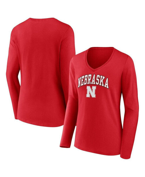 Women's Scarlet Nebraska Huskers Evergreen Campus Long Sleeve V-Neck T-shirt