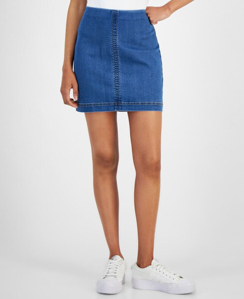 Juniors' High-Rise Zip-Back Mini Denim Skirt